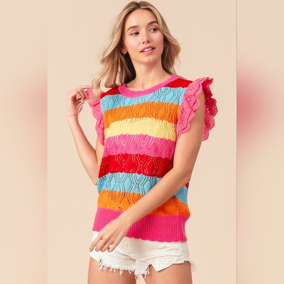 BiBi Pointelle Striped Ruffled Knit Top - Picture 4 of 5